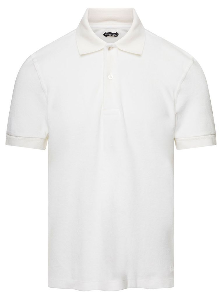 White Polo T-Shirt Fleece Texture In Cotton Blend Man