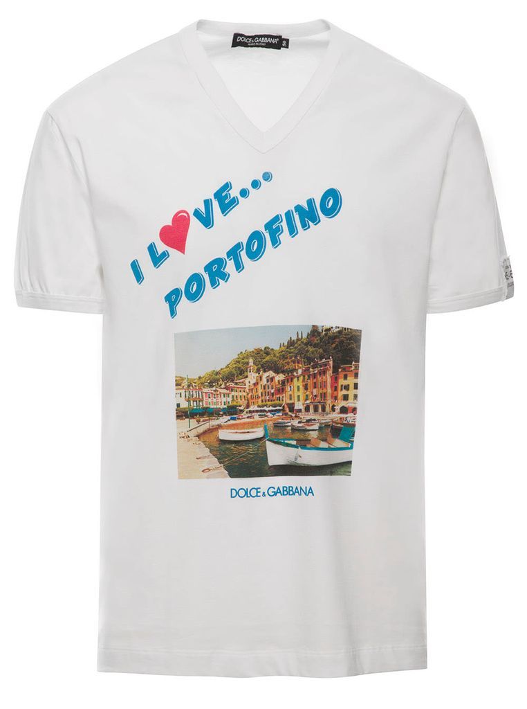 White T-Shirt With I Love Portofino Print In Cotton Man