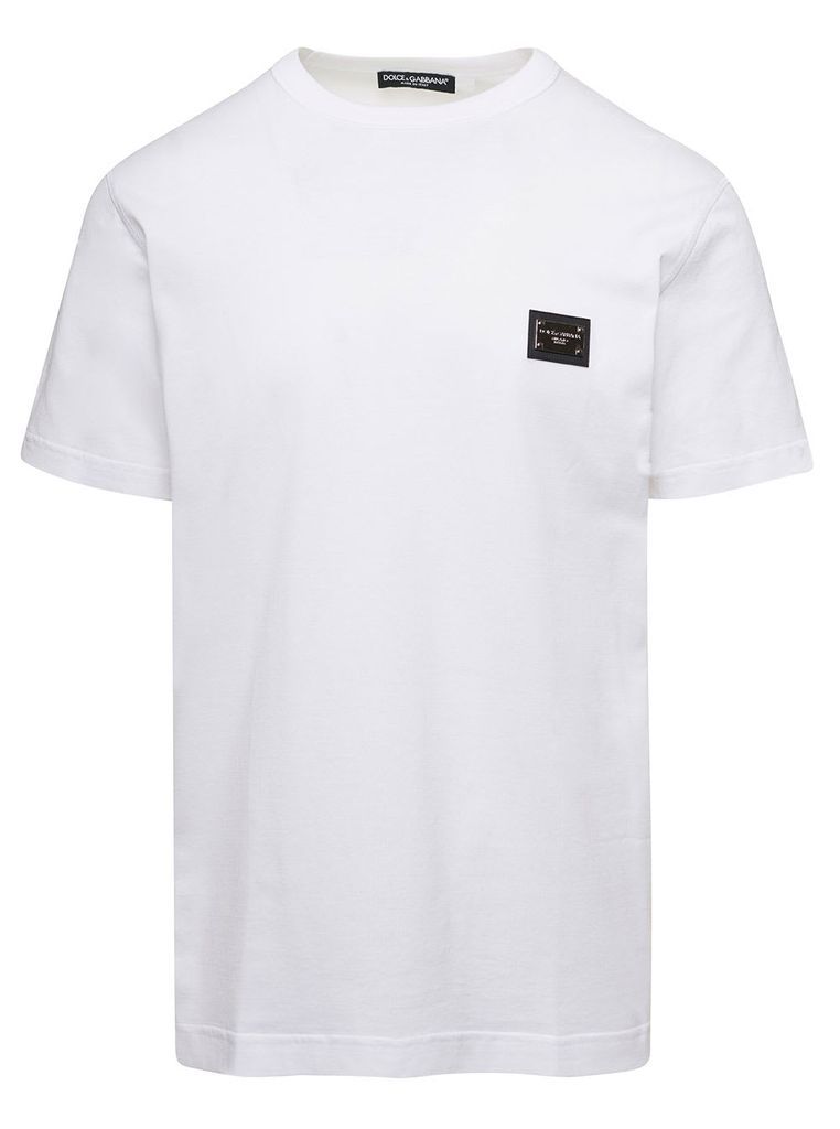 White Crewneck T-Shirt With Logo Plate In Cotton Man