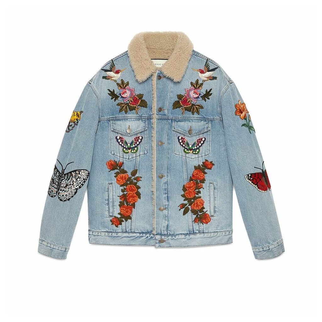 Embroidered denim jacket with shearling