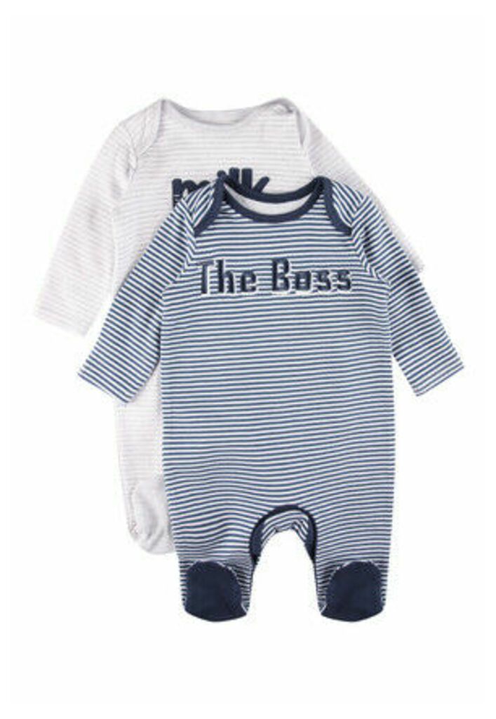 Baby Boy 2pk Blue Stripe Slogan Sleepsuits