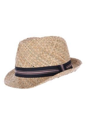 Mens Straw and Navy Stripe Trilby Hat
