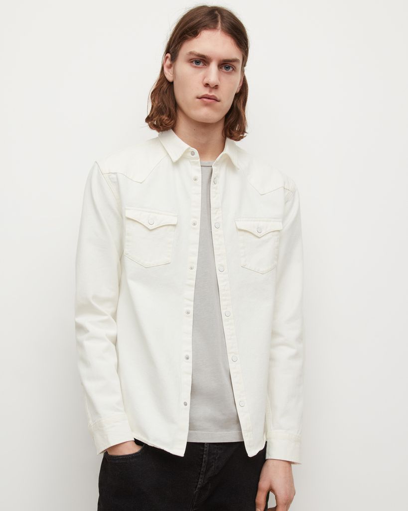 AllSaints Men's Cotton Regular Fit Lagoon Denim Western Shirt, White, Size: S