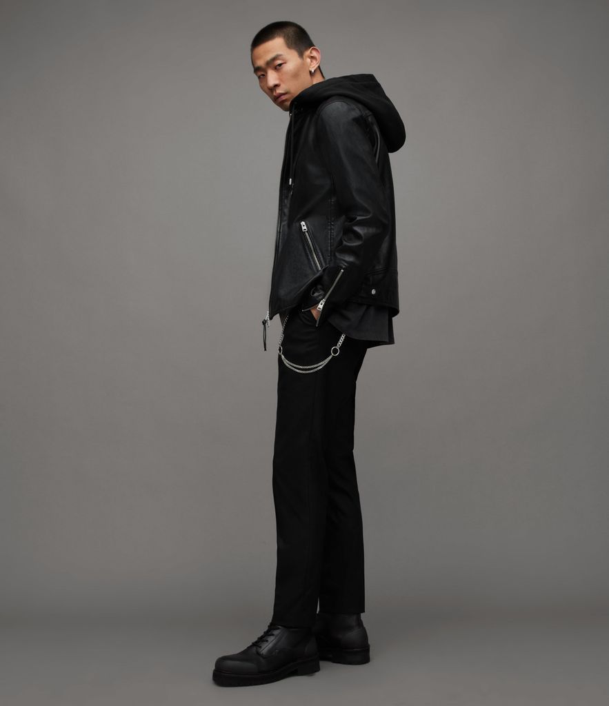 AllSaints Men's Leather Slim Fit Sheep Harwood Zip Closure Biker Jacket with Removable Hood, Black, Size: M