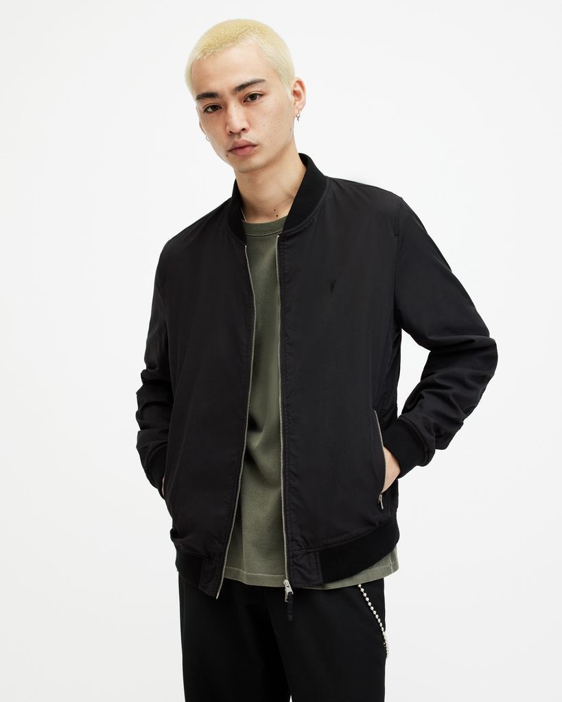 AllSaints Men's Regular Fit Cotton Medium Bassett Bomber Jacket, Black, Size: XS