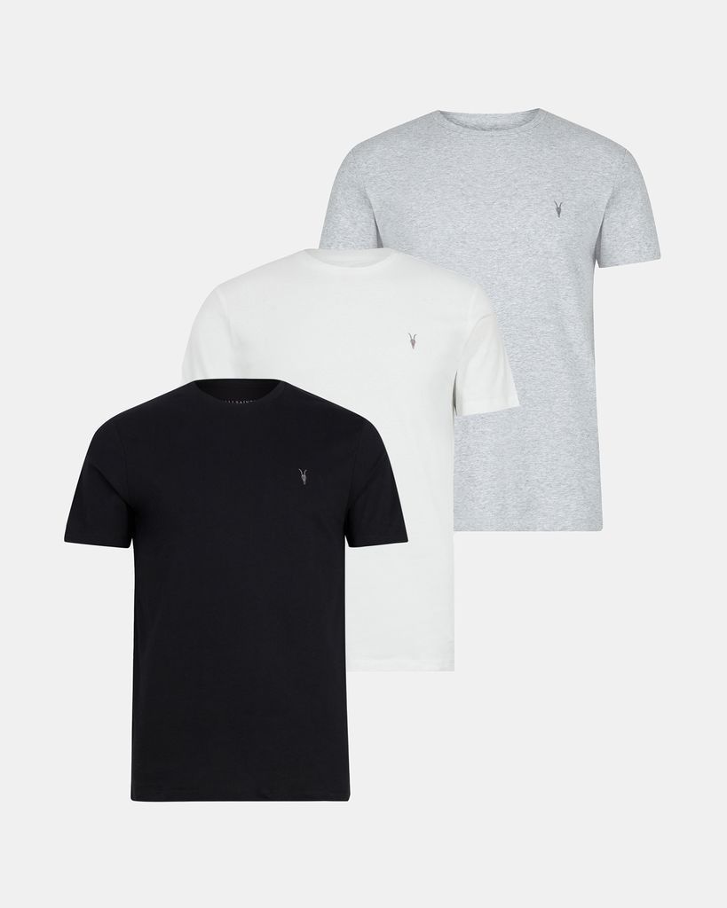 AllSaints Men's Cotton Slim Fit Pack of 3 Pullover Short Sleeve T-Shirts, White, Black and Grey, Size: XS