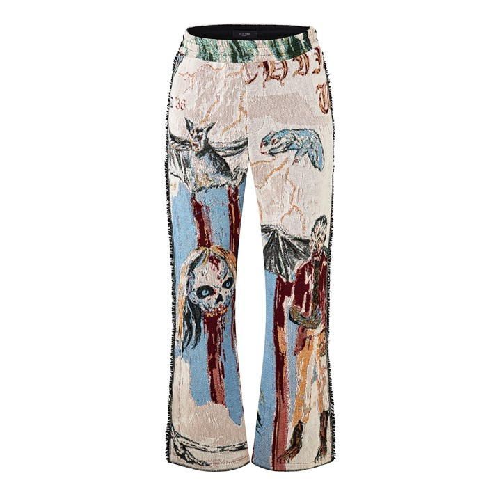 Embroidered Tapestry Flared Trousers - White