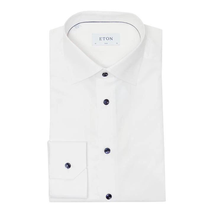 White Twill Navy Button and Piping Slim Fit Shirt - White