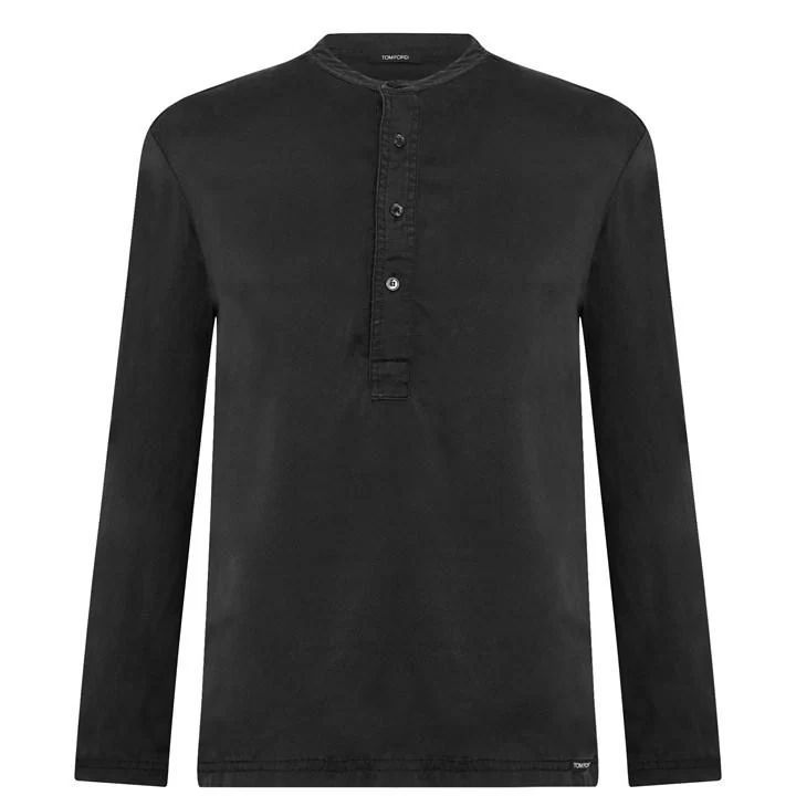 Long Sleeve Silk Henley Shirt - Black