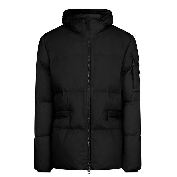 Crinkle Rep Hooded Down Jacket - Black