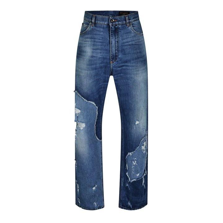 Raw Distressed Bootcut Jeans - Blue