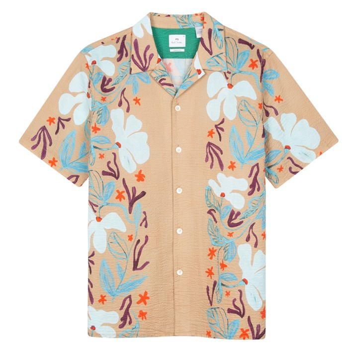 Floral Seersucker Short Sleeve Shirt - Brown