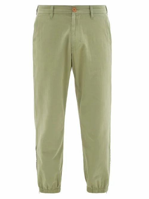 Gucci - Embroidered-lyre Zipped-cuff Cotton-twill Chinos - Mens - Light Green