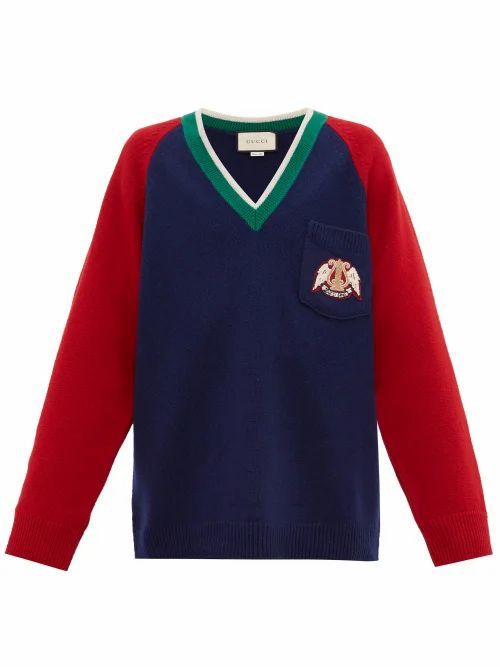 Gucci - Crest-patch Wool Sweater - Mens - Red Navy