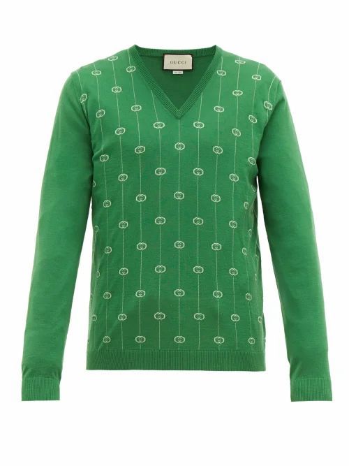 Gucci - GG-jacquard V-neck Wool-blend Sweater - Mens - Green