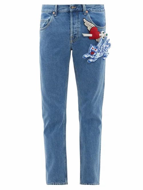 Gucci - Padded-appliqué Tapered Cotton Jeans - Mens - Blue