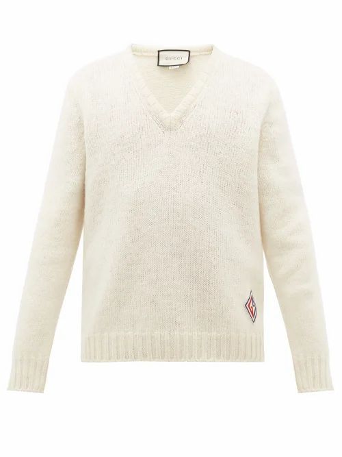 Gucci - V-neck Gg-logo Patch Wool Sweater - Mens - White