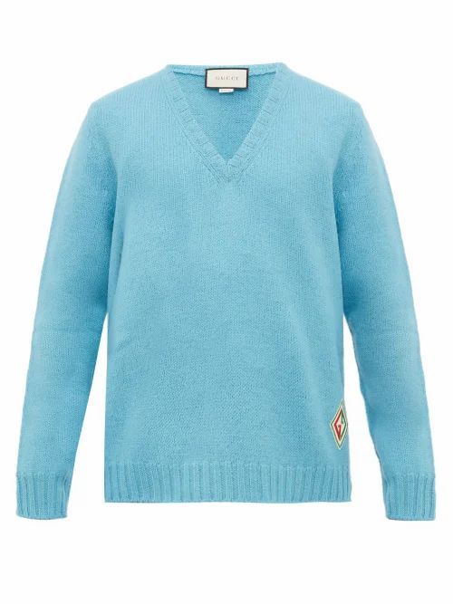 Gucci - Logo-patch V-neck Wool Sweater - Mens - Blue