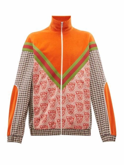 Gucci - Houndstooth Cat-print Cotton-blend Track Jacket - Mens - Orange Multi