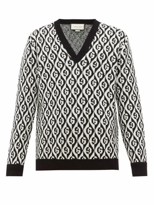 Gucci - Rhombi-jacquard Pattern Wool Sweater - Mens - Black White