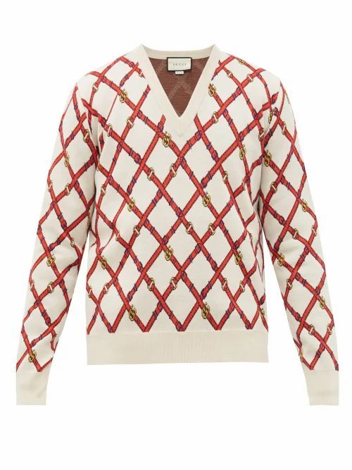 Gucci - V-neck Harness-instarsia Wool-blend Sweater - Mens - Beige Multi