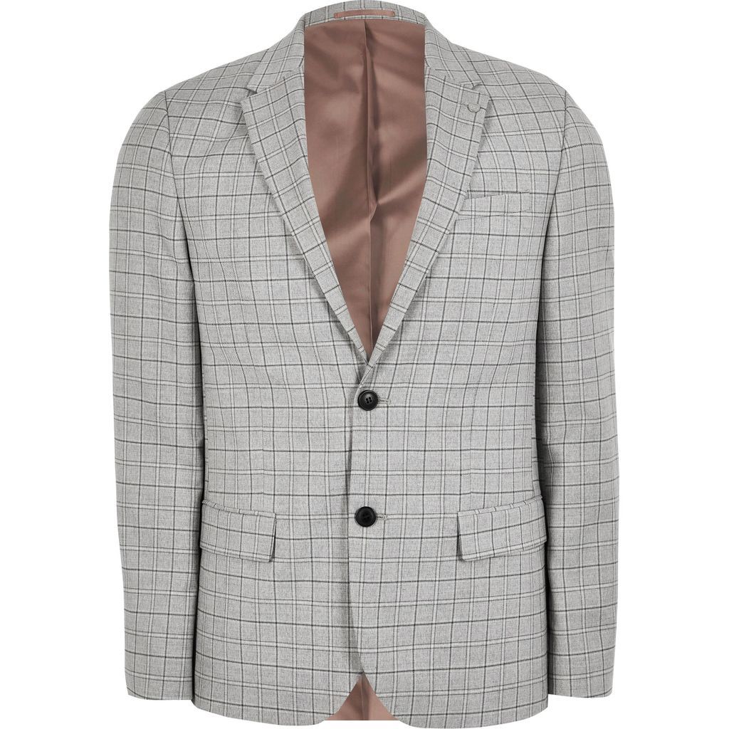 Mens River Island Big and Tall Grey check slim fit suit jacket