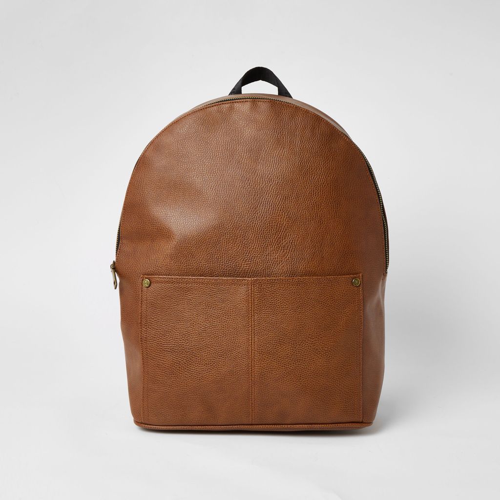 Mens River Island Brown textured pocket front backpack