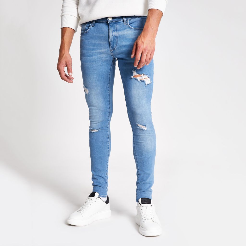 Mens River Island Mid Blue Ollie ripped spray on skinny jeans