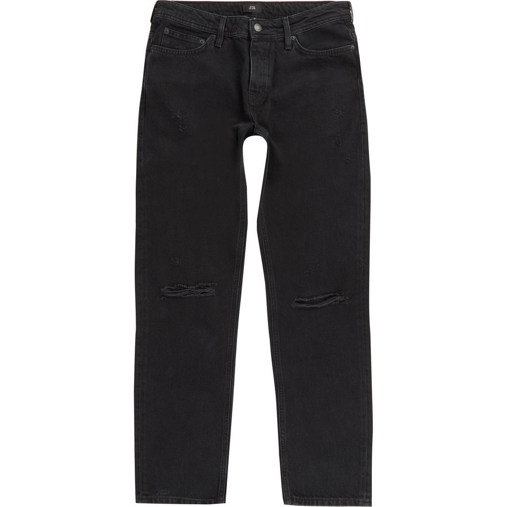 Mens River Island Black Ronnie relaxed straight ripped jeans