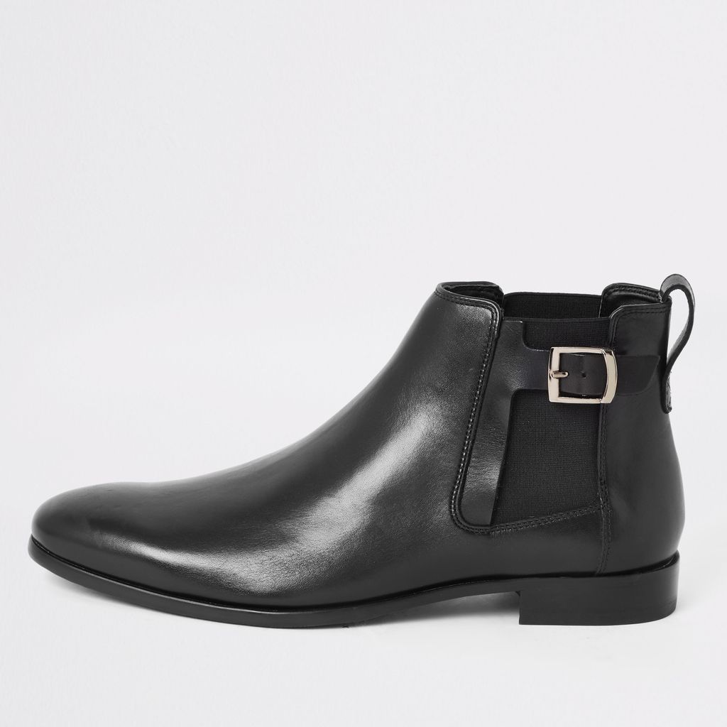 Mens River Island Black leather buckle side boots