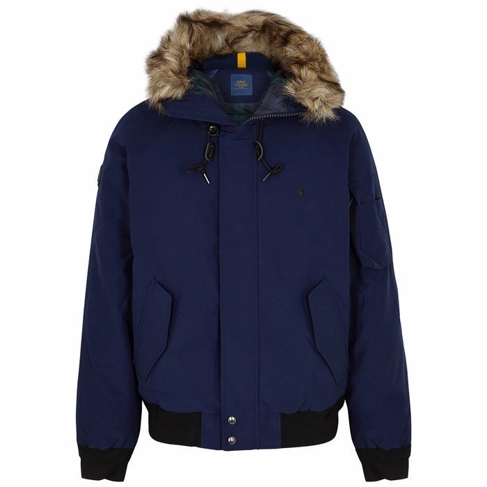 Navy Faux Fur-trimmed Shell Bomber Jacket