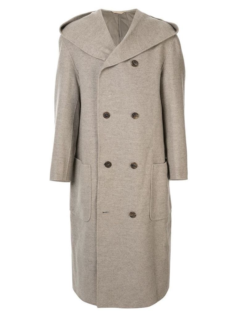Issey Miyake Pre-Owned hooded wool overcoat - NEUTRALS