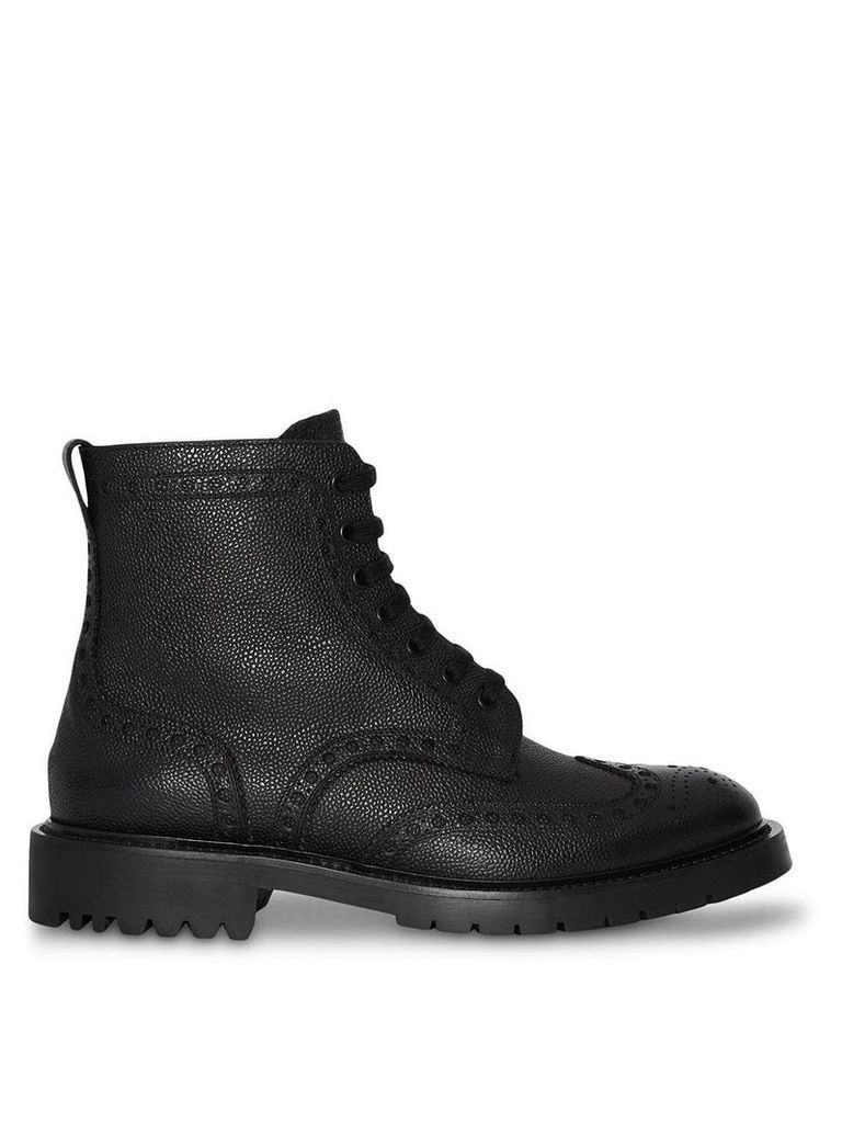 Burberry Brogue Detail Grainy Leather Boots - Black