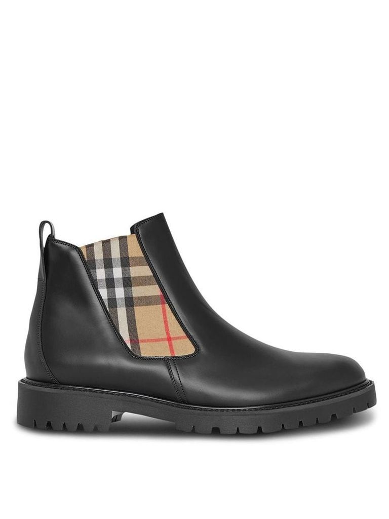 Burberry Vintage Check Detail Leather Chelsea Boots - Black