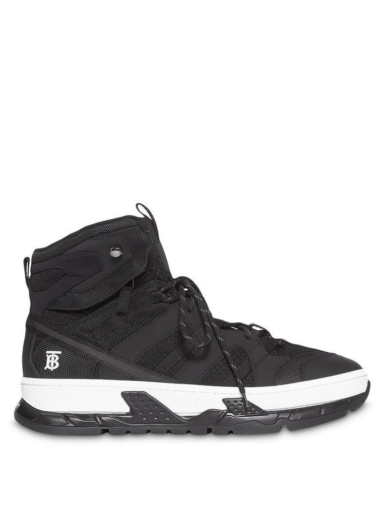 Burberry Monogram Motif Mesh and Nubuck High-top Sneakers - Black