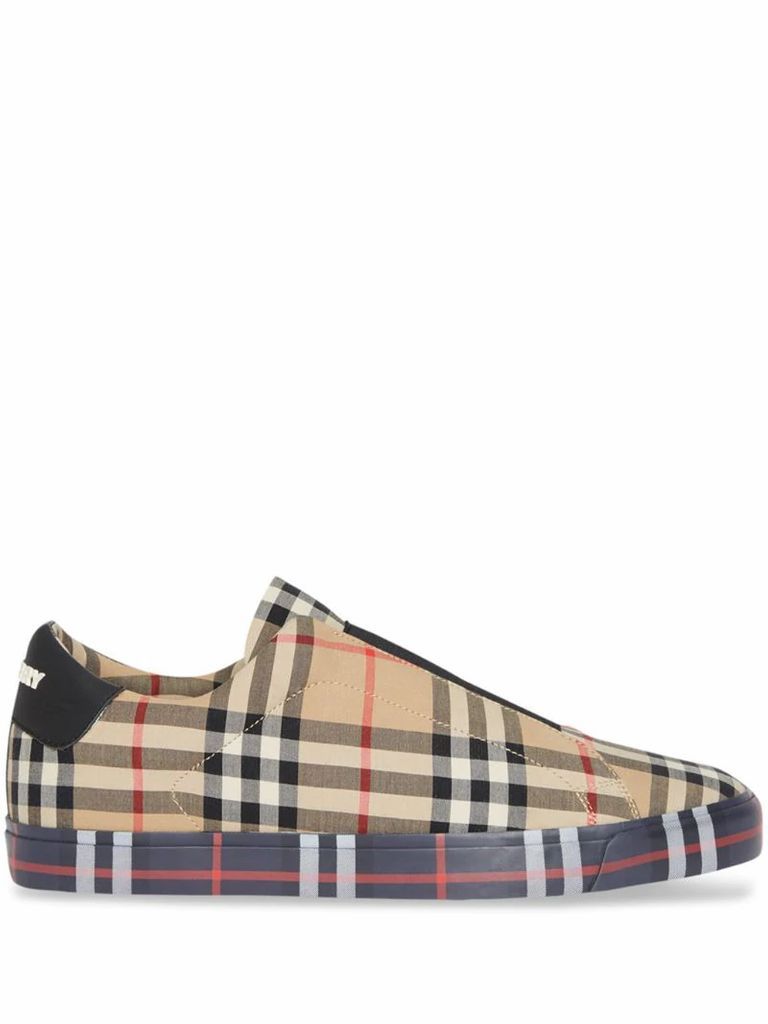Contrast Check and Leather Slip-on Sneakers