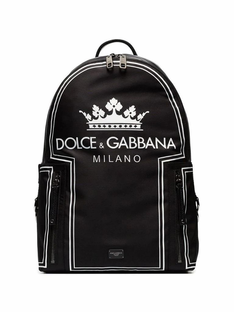black and white crown logo print backpack