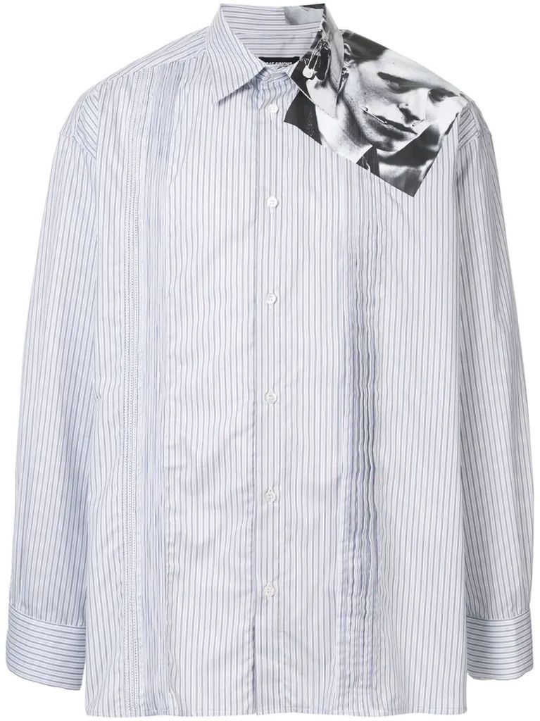 pinstriped shirt with photo print on the shoulder