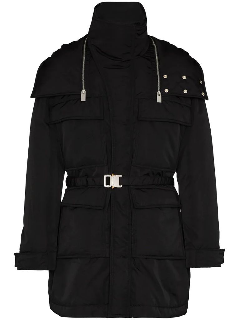 belted-waist hooded parka coat