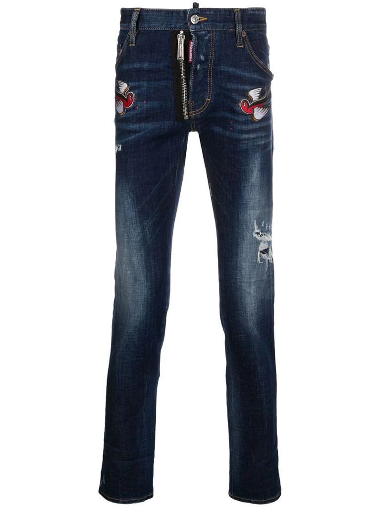 logo patch distressed jeans