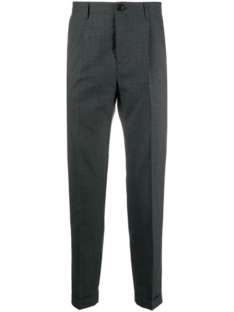 fine check pattern slim-fit trousers
