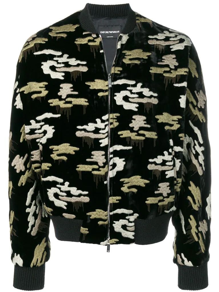 embroidered camouflage bomber jacket