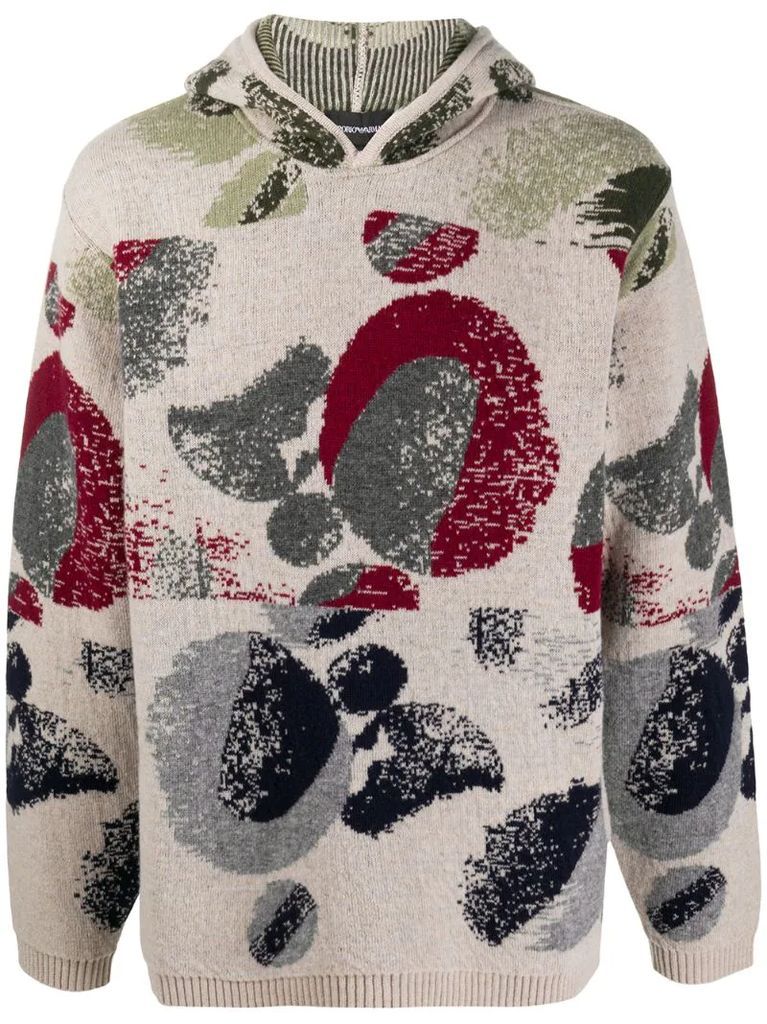 abstract print hooded jumper