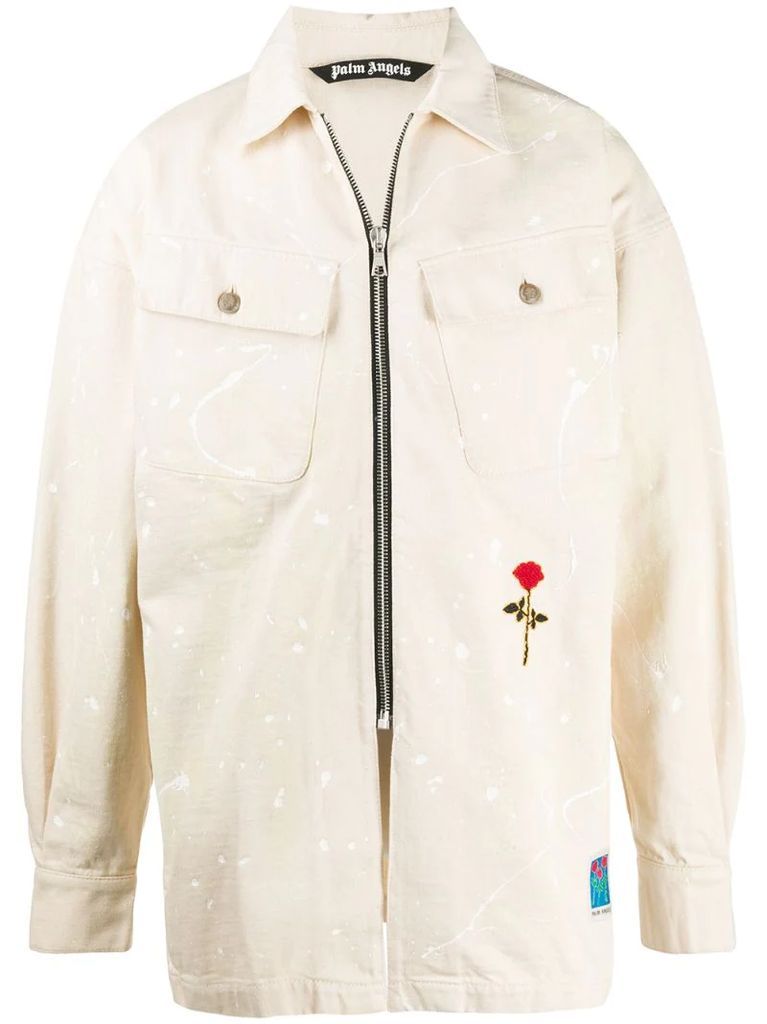 rose patch zip-up denim jacket
