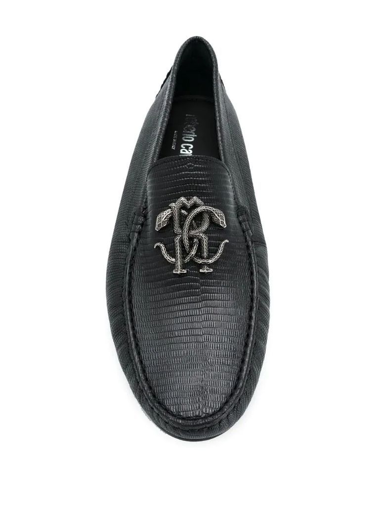 snake-buckle leather loafers