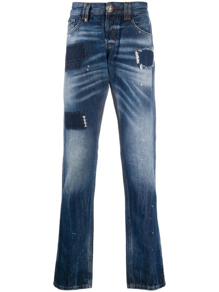straight cut patches jeans