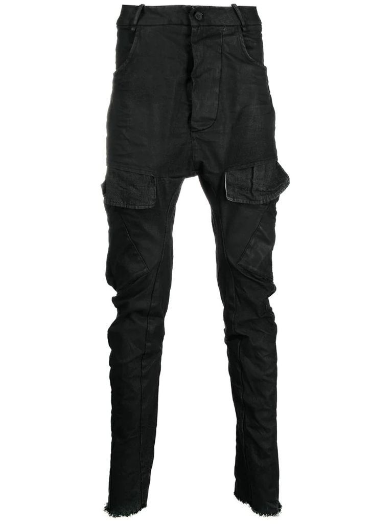 coated skinny-fit trousers