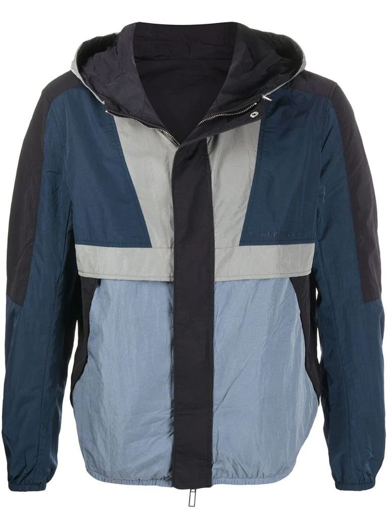 geometric-panel reversible hooded jacket