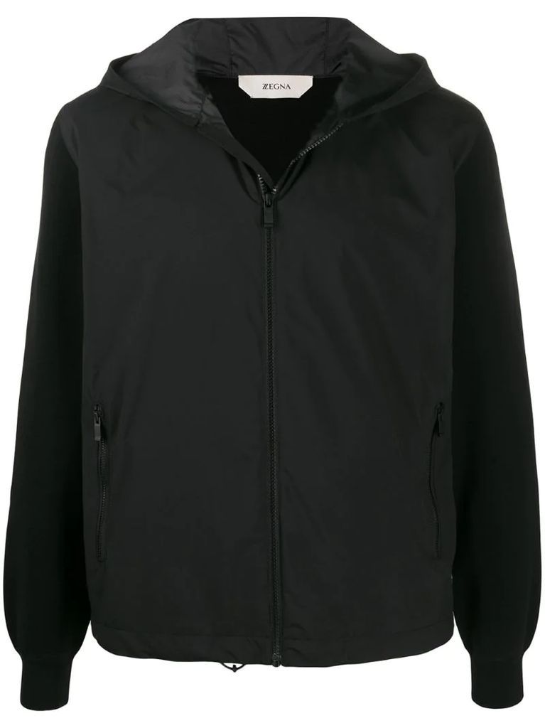 contrasting fabric hooded jacket