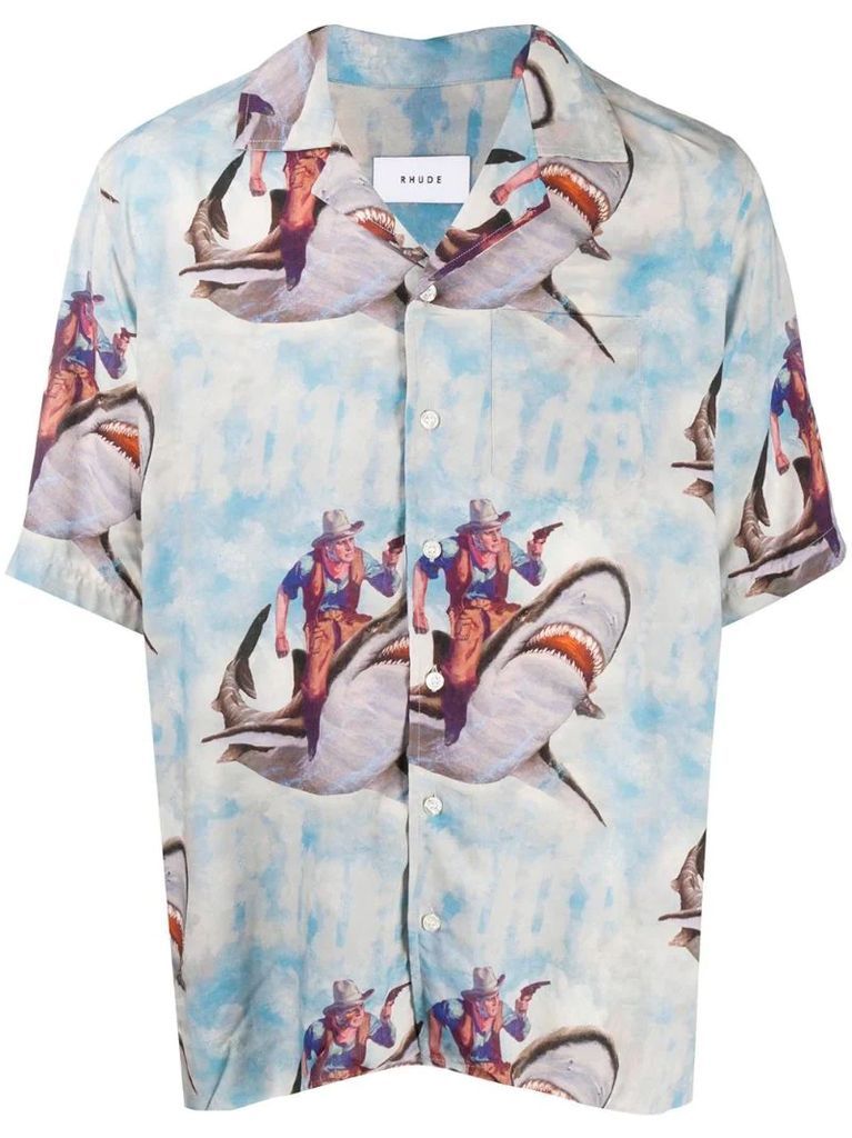shark-print bowling shirt